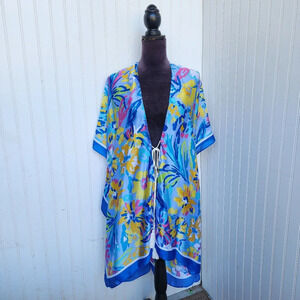 Lulla Collection Womens Top Kimono Kaftan Oversize Boho Open Front Silky Blue OS